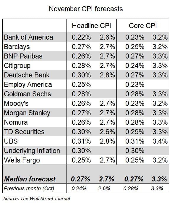 NOVEMBER CPI FORECASTS