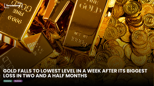 GOLD FALLS TO LOWEST LEVEL IN A WEEK AFTER ITS BIGGEST LOSS IN TWO AND A HALF MONTHS