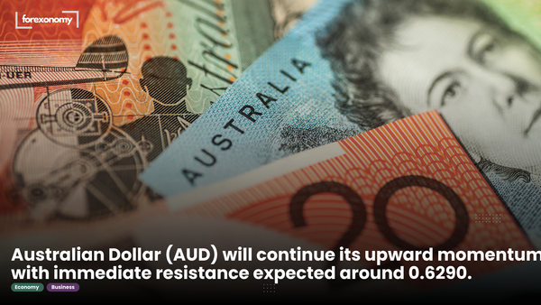Australian Dollar (AUD) will continue its upward momentum, with immediate resistance expected around 0.6290.​